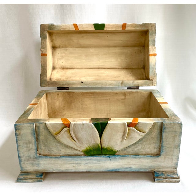 This rustic hand carved and painted calla lily folk art chest is reminiscent of a Diego Rivera painting. It features a...