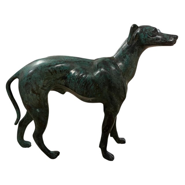 Large Mid 20th Century Bronze Greyhound Table Sculpture With Verdigris Patina, Dog Statue For Sale - Image 4 of 7