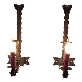 Vintage Rustic Wall Lamps with Wrought Iron Frames, 1970s, Set of 2 For Sale