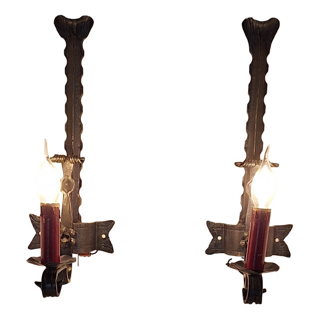 Vintage Rustic Wall Lamps with Wrought Iron Frames, 1970s, Set of 2 For Sale