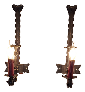 Vintage Rustic Wall Lamps with Wrought Iron Frames, 1970s, Set of 2