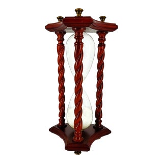 12.75" Bombay Co. Vintage Blown Glass, Mahogany & Brass Hourglass For Sale