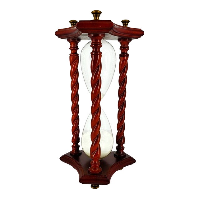 12.75" Bombay Co. Vintage Blown Glass, Mahogany & Brass Hourglass For Sale