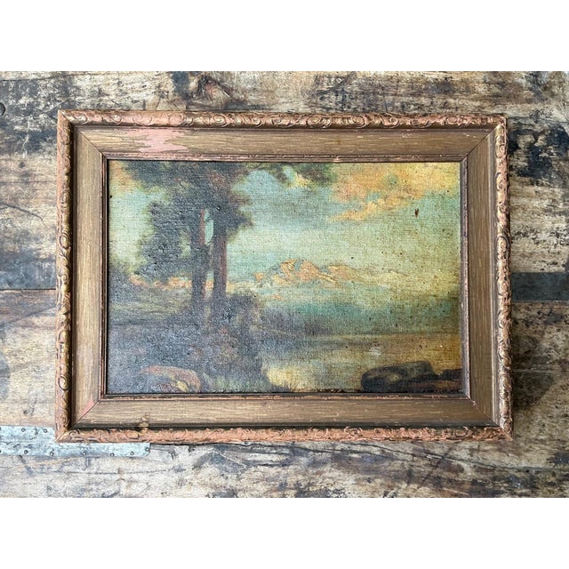 Brass Vintage Landscape Oil Painting in Gilt Frame For Sale - Image 8 of 10