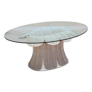 Vintage Hollywood Regency Style Flower Pencil Reed Rattan Pedestal Dining Table With Oval Glass Top For Sale