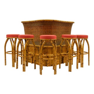 Bamboo Bar and Bar Stools, Italy, 1950s, Set of 6 For Sale
