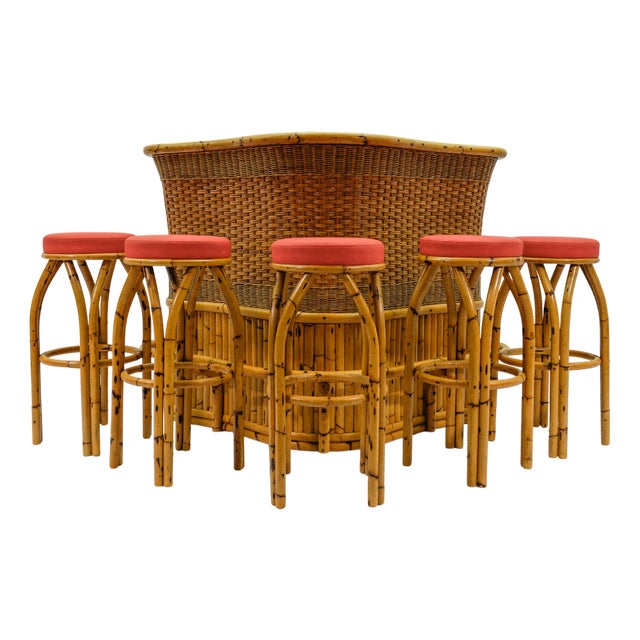Bamboo Bar and Bar Stools, Italy, 1950s, Set of 6 For Sale