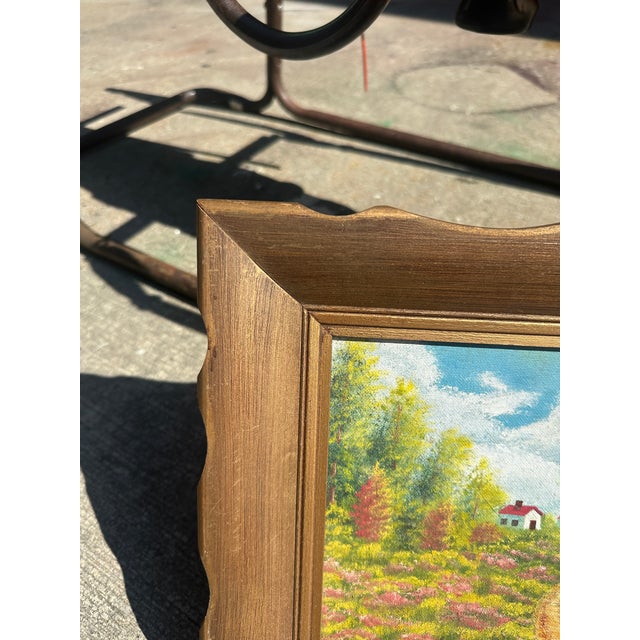 Mid-Century Modern Small Signed Gold Framed Farmhouse and Foliage Landscape Painting on Canvas For Sale - Image 3 of 8