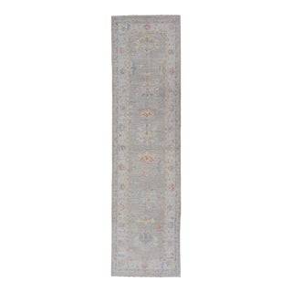 Modern Oushak Runner With Floral Motifs With Gray, Yellow, and Light Blue For Sale