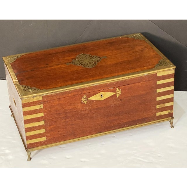 19th Century British Military Officer's Campaign Trunk or Stationery Box of Brass-Bound Teak For Sale - Image 5 of 11