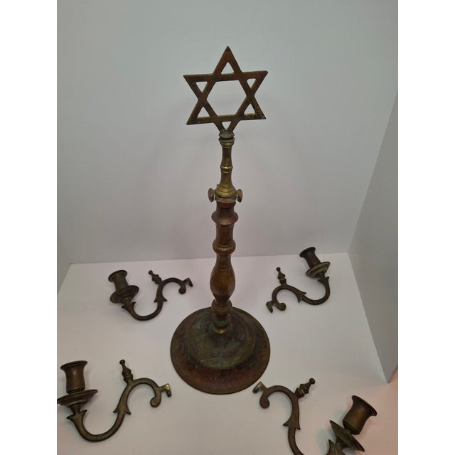 Mid 19th Century 19th C. Polish Bronze Sabbath Candelabrum Star of David Finial Large 18" Rare For Sale - Image 5 of 18