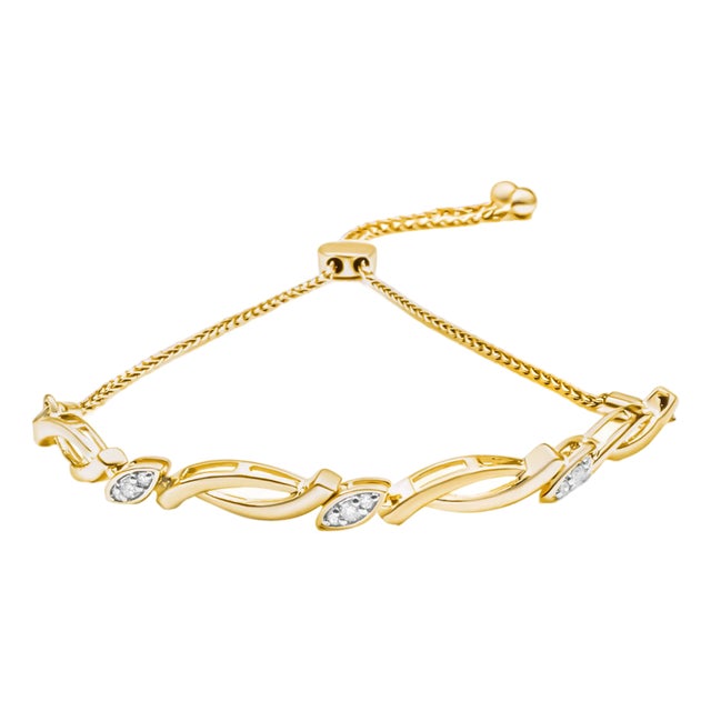 14K Yellow Gold Plated .925 Sterling Silver Diamond Accent Alternating Swirl link Bolo Bracelet (I-J Color, I2-I3 Clarity) - 6" to 9" Adjustable For Sale