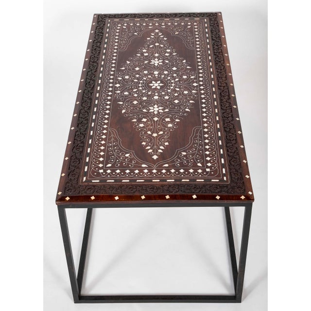 Brown Antique Anglo Indian Coffee Table Rosewood Top With Maquetry Inlay on Custom Steel Base For Sale - Image 8 of 11