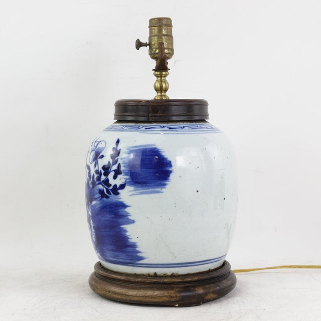 Mid 20th Century Blue and White Antique Porcelain Vase Lamp With Cobalt Floral Motif on Wood Base For Sale - Image 5 of 16