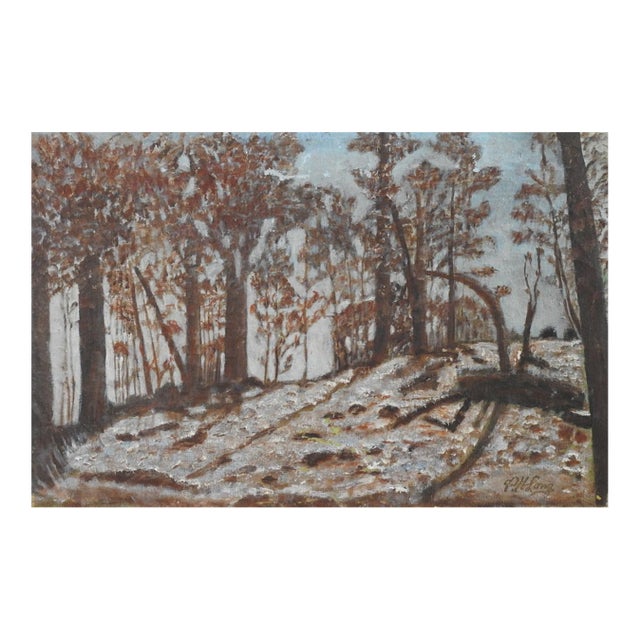 1956 Tonal Folk Art Winter Forest Landscape Painting For Sale