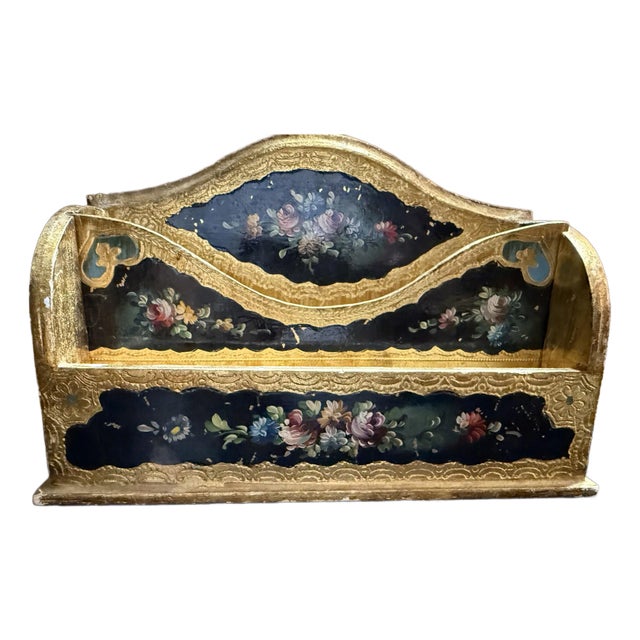 Mid 20th Century Italian Wooden Hand Painted Florentino Ink Writing Stationary Box Notes-Letters Box For Sale
