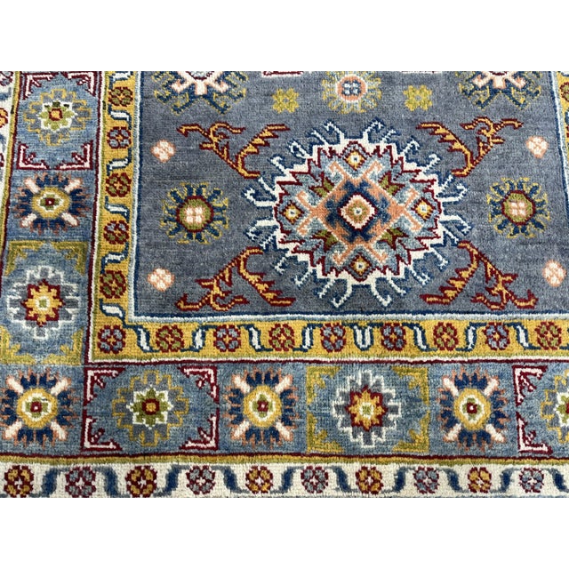 Slate Gray Kazak Style Rug With Floral Medallions and Blue Border, 3'3" X 4'9" For Sale - Image 9 of 13