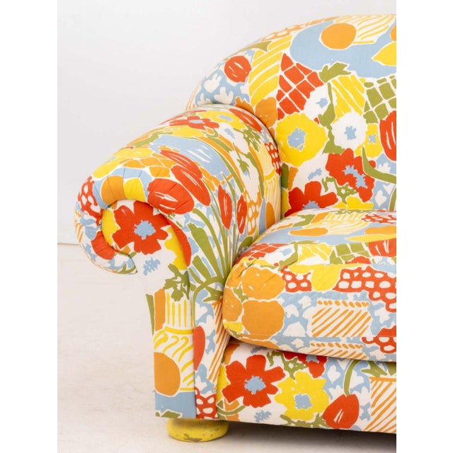 Abstract Floral Print Custom Upholstered Sofa, Carl Schroeder label beneath cushion. 33" H x 77" w x 35" D; seat: 18" H....