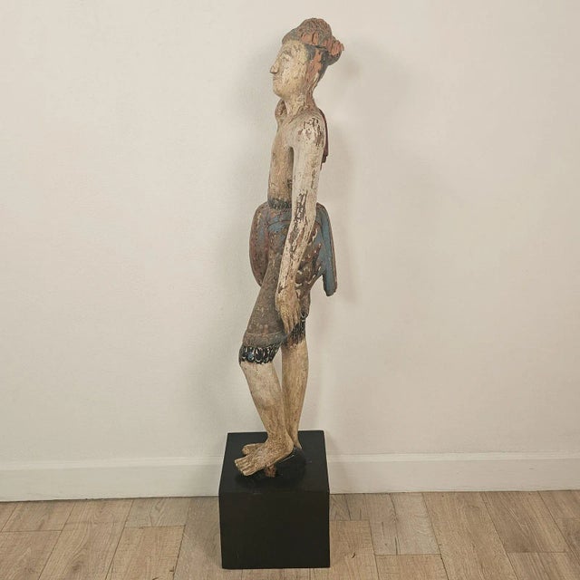 Figurative 19th Century Southeast Asian Tall Painted & Carved Wood Figure of a Man For Sale - Image 3 of 15