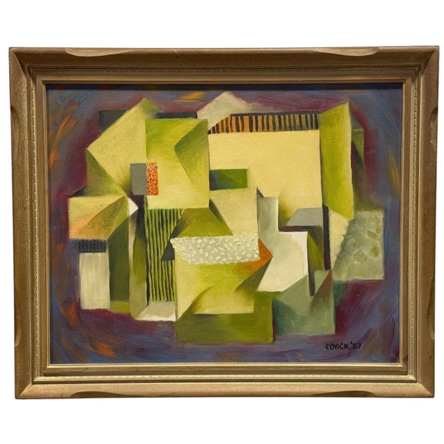 Mid-Century Modern Cubist Abstract Giltwood Framed Signed Oil on Canvas For Sale - Image 4 of 7