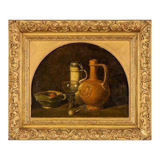 Early Dutch Still-Life Painting of a Table Setting in a Later 19th Century Arched Giltwood Frame For Sale