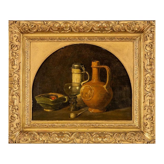 Early Dutch Still-Life Painting of a Table Setting in a Later 19th Century Arched Giltwood Frame For Sale