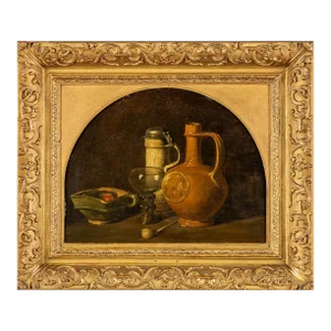 Early Dutch Still-Life Painting of a Table Setting in a Later 19th Century Arched Giltwood Frame