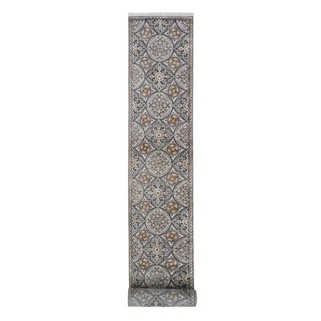 Brown and Gray Textured Wool and Silk Mughal Inspired Medallions Design XL Runner Oriental Rug For Sale - Image 9 of 9