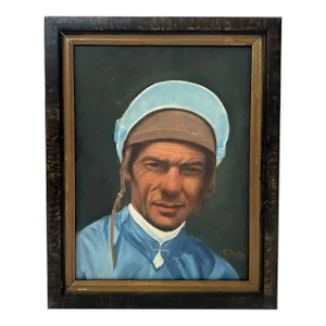 1960s "Lester Piggott" Horse Jockey Painting Oil on Canvas Board by G. Dorling