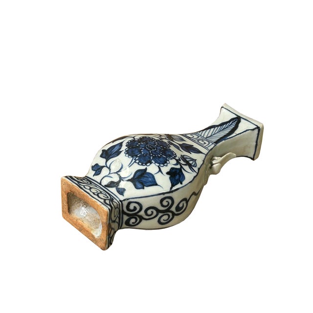 Blue Small Distressed Finish Pear Shape Blue White Graphic Porcelain Vase For Sale - Image 8 of 8