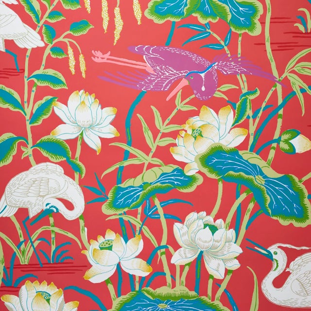 Early 21st Century Schumacher Lotus Garden Wallpaper in Red (9 Yards) For Sale - Image 5 of 5