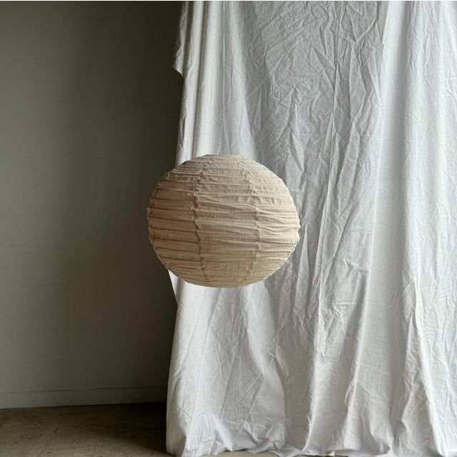 Large Round Pink Japanese-Style Rattan and Natural Linen Pendant Light For Sale - Image 15 of 18