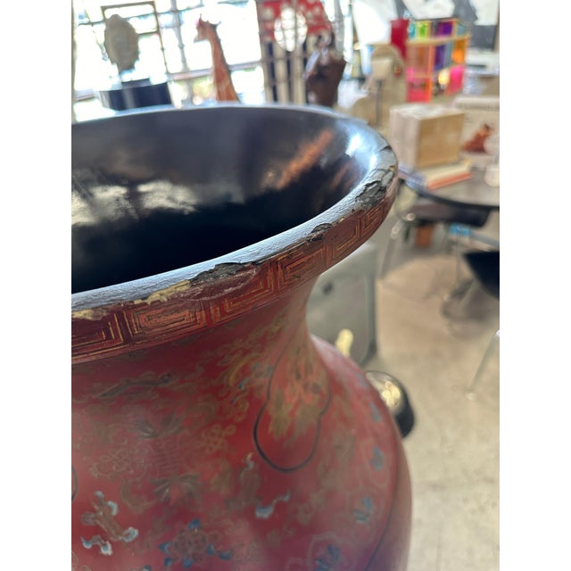 Large 19th Century Chinese Red Lacquered Palace Vases on Stands For Sale - Image 4 of 18