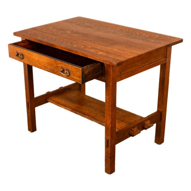 1900 - 1909 Antique L. & J. G. Stickley Mission Oak Library Writing Table Desk & Chair 1902 - Set of 2 For Sale - Image 5 of 12