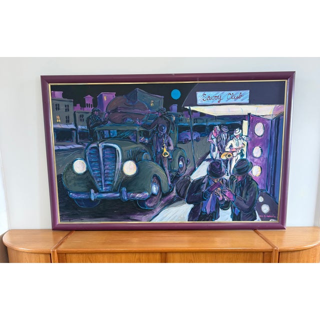 A captivating original oil on canvas by American artist R.J. Hohimer, depicting a lively nighttime scene outside the famed...