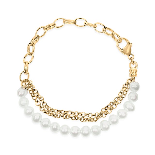 Haus of Brilliance 18K Yellow Gold Vermeil Cultured Pearl Station Link Bracelet For Sale - Image 4 of 4