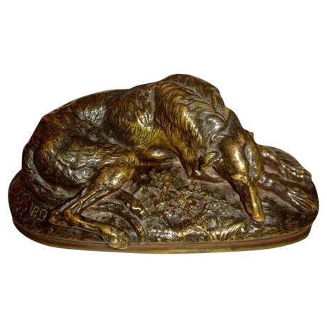 Vintage Bronze Resting Dog Sculpture For Sale