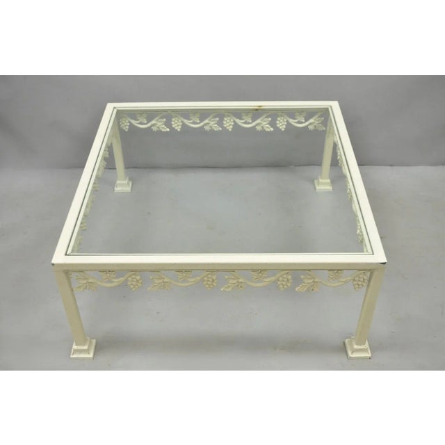 Vintage Woodard Style White Wrought Iron "Grapevine" Square Glass Top Coffee Table. Circa Mid 20th Century. Measurements:...