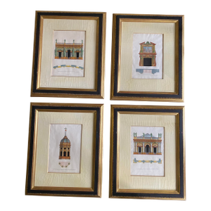 Architectural Hand Colored Framed Engravings, Set of Four