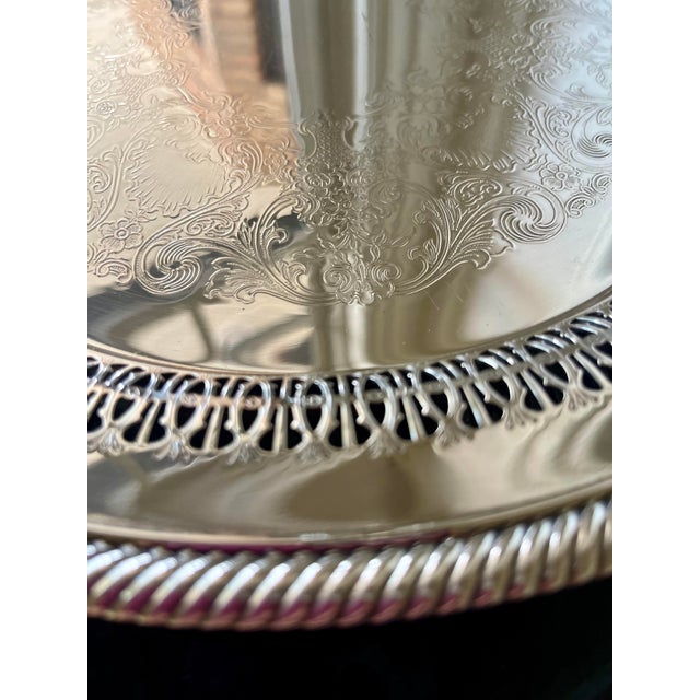 Vintage Round Reticulated Silver Plated Tray For Sale - Image 4 of 9