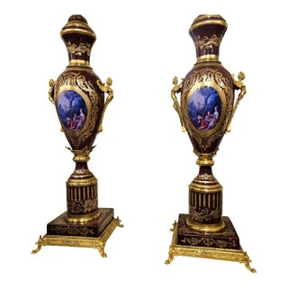 Blue French Style Porcelain Vase With Nature Artwork, Gold Leaf Details For Sale