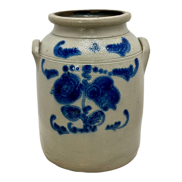 Ourtstanding Antique Large 3 Gallon Size American Blue Hand Decorated Stoneware Butter Churn - Circa 1870s For Sale