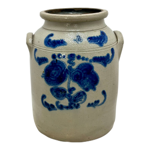 Ourtstanding Antique Large 3 Gallon Size American Blue Hand Decorated Stoneware Butter Churn - Circa 1870s