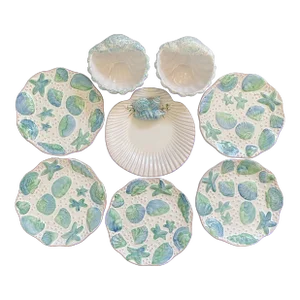 Portuguese Majolica Sea Shells Plates and Bowls - 8 Pieces Set