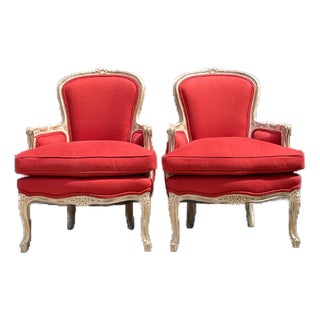 Vintage Carved Wood Upholstered Bergere Chairs - A Pair For Sale