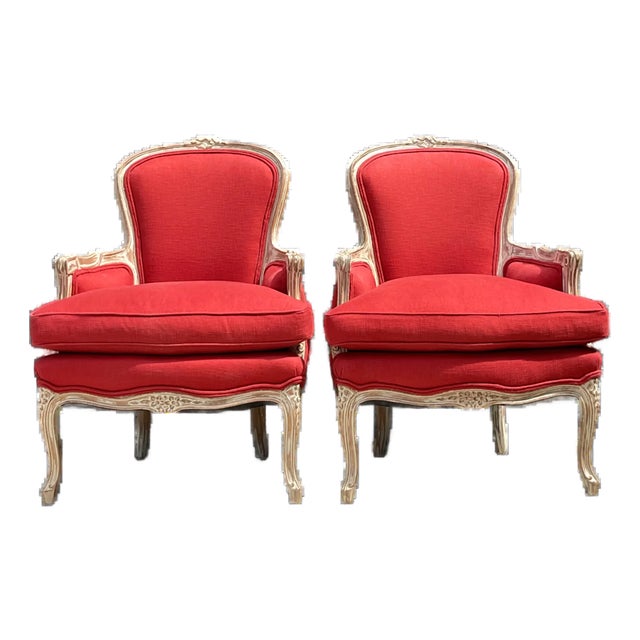 Vintage Carved Wood Upholstered Bergere Chairs - A Pair For Sale