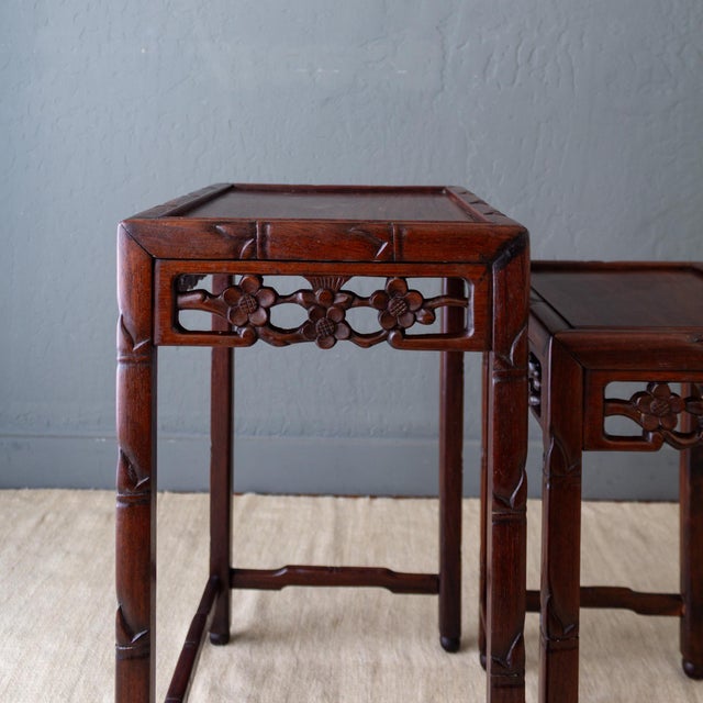 Asian Rosewood Nesting Tables With Carved Faux Bamboo Bird and Flower Fretwork For Sale - Image 14 of 18