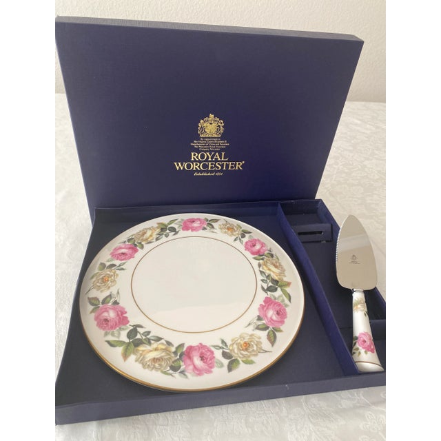 Late 20th Century Royal Worcester cake/gateau platter and Sheffield server. Made in England and featuring the stunning...