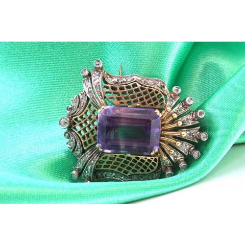 Gold and Silver Brooch with Diamond Chips and Amethyst Cut For Sale - Image 3 of 8