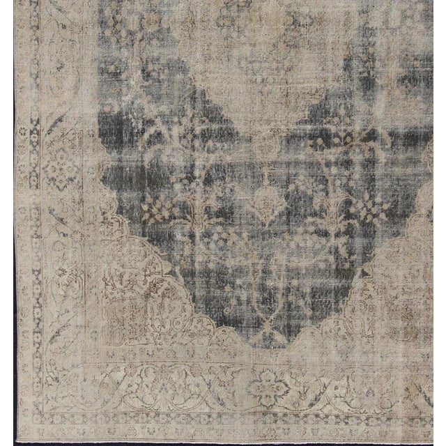 Transitional Distressed Turkish Rug With Floral Design in Taupe, Dark Gray Tan & Charcoal For Sale - Image 3 of 13